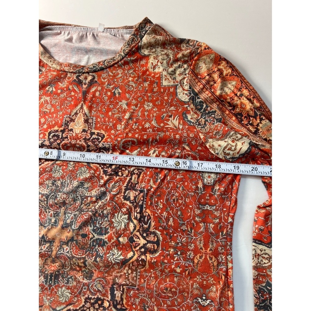 Women's Orange Medallion Print Long‎ Sleeve Crew Neck Top Size L - Picture 5 of 8